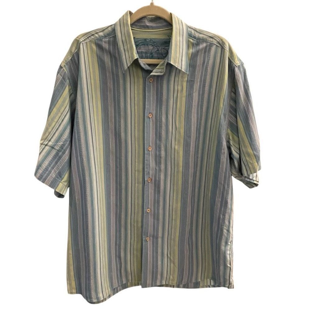 Tommy Bahama 100% Silk Blue Stripe Button Down Up Shirt Men’s Size Large